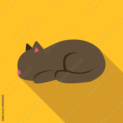Brown cat sleeping with long shadow on a vibrant yellow background