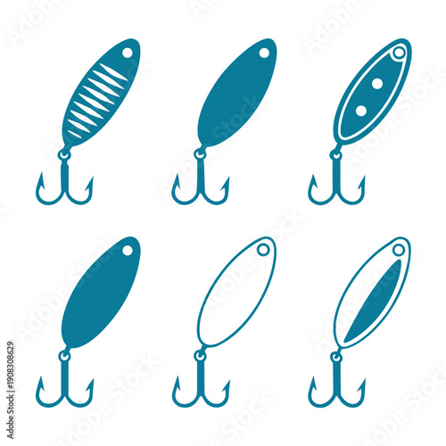 Six Blue Fishing Lures with Hooks in a Row blue lures fishing equipment tackle