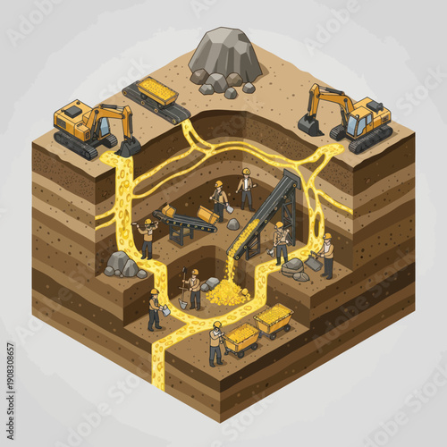 Underground gold mining operation with heavy machinery and workers.