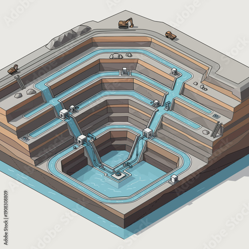 Isometric illustration of a multi-level water treatment plant.
