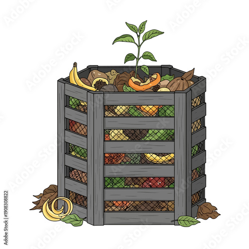 Compost bin filled with organic waste and a small plant growing