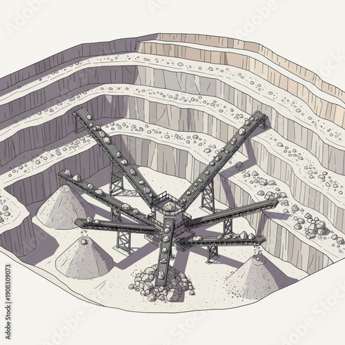 Open pit mine excavation with machinery and layered geological formations.