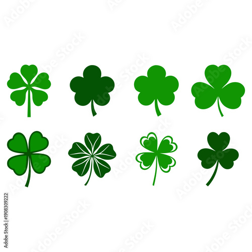 Set of eight green four-leaf clover illustrations for luck, st patrick's day vector on different style  lucky charm leaf on white background 
