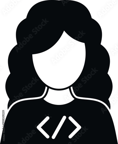 Black and white icon of a woman developer with code symbol on her shirt