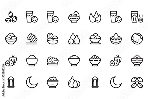 Muslim fasting meal icons featuring dates water and varied bowls of traditional food in thin outline style