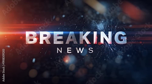Breaking news title card with animated text and light effects on a dark background with a sense of urgency and importance.