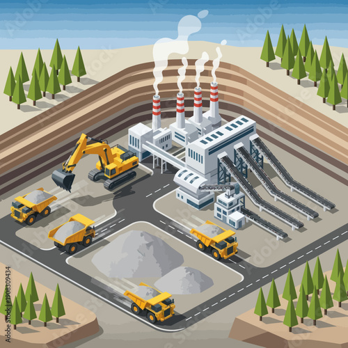 Industrial power plant with construction equipment and smokestacks.