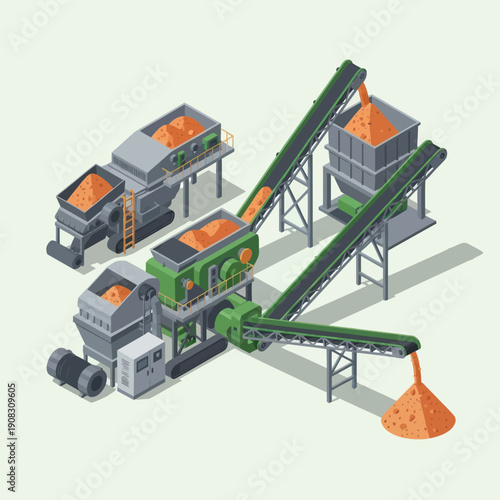Industrial Crushing Plant with Conveyor Belts and Machinery.