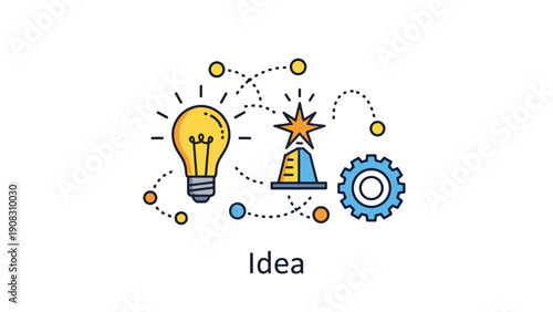 Creative business idea generation showing a light bulb connected to a trophy star and a mechanical gear representing innovation process.