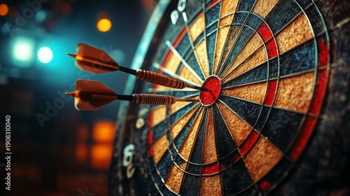 Darts with darts in a target on a dark background will emphasise the atmosphere of excitement and accuracy, which will fit perfectly into the design of sports bars or advertising for gaming clubs.