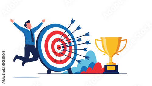 Successful goal achievement concept with a happy businessman jumping next to a target full of arrows and a gold trophy cup prize.