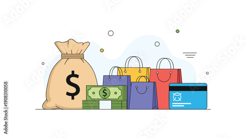 Consumer spending and wealth management illustration with shopping bags, money bag, cash, coins, and a credit card on a soft background.