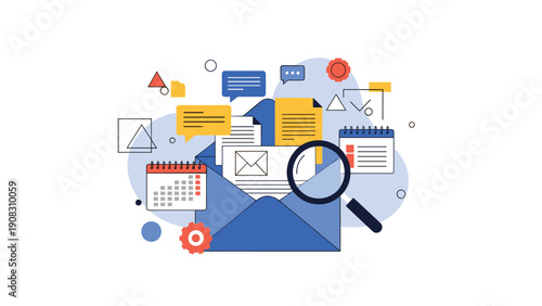 Organizing digital communication and tasks with a magnifying glass searching through an envelope filled with folders, calendars, and documents.