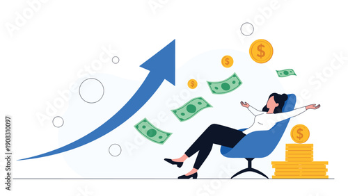 Financial success and wealth growth showing a relaxed woman sitting in a chair as money falls around her with an upward trend arrow.