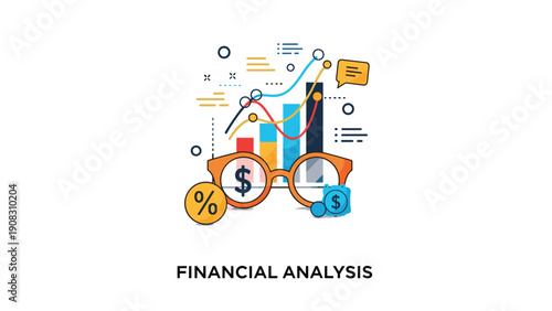 Financial analysis and business research concept showing data charts and currency symbols through a pair of orange framed eyeglasses.
