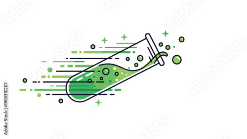 Scientific research and chemical experiment concept with a test tube containing bubbling green liquid moving at high speed through space.