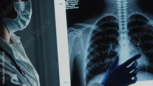 A doctor points to a person's chest on a computer screen. The image is a CT scan of the chest, and the doctor is pointing to a spot on the screen. Scene is serious and focused