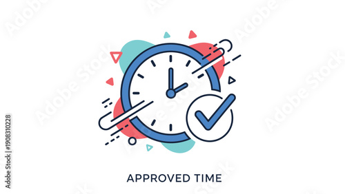 Time management and approval concept showing a blue clock face with a checkmark symbol and text indicating approved time on white.