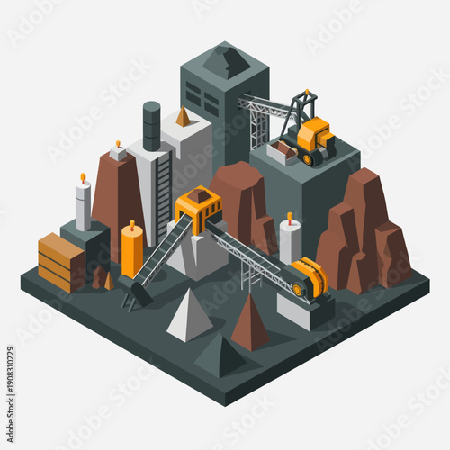 Isometric illustration of a mining operation with machinery and rocky terrain.