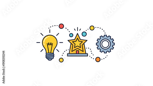 Innovation and successful idea implementation concept showing a light bulb connected to a trophy star and mechanical gear with colorful nodes.
