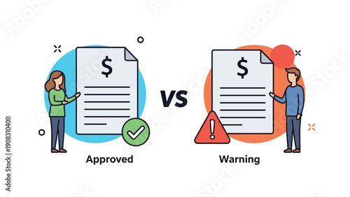 Comparison of financial document approval and warning status featuring professional people with checkmark and exclamation icons.