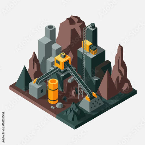 3D isometric illustration of a mining operation.