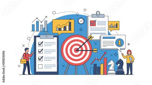 Strategic business planning and target achievement concept with diverse professionals using checklists and data charts for success.