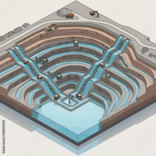 Open pit mine with excavators and conveyor belts.