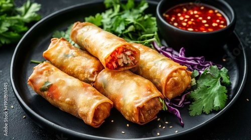The plate features appetising crispy rolls with vegetable filling, served with sauce and fresh herbs, highlighting culinary artistry and a healthy range of flavours.
 