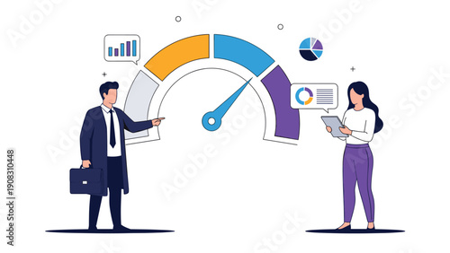 Business team analyzing performance metrics on large gauge meter with data charts and financial analytics for corporate growth.
