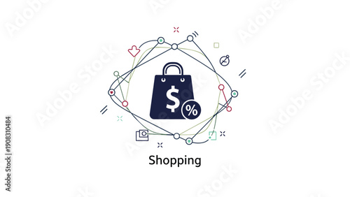 Digital shopping and e-commerce concept featuring shopping bag with dollar and percent symbols surrounded by retail technology icons.