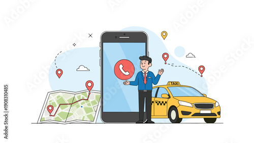 Mobile taxi booking application concept with professional driver, yellow cab, city map navigation, and smartphone interface icons.