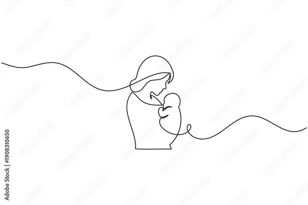 Obraz premium Mother holding baby continuous one line drawing motherhood icon