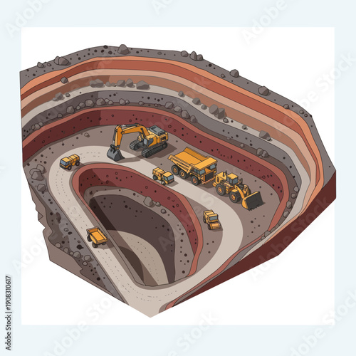 Open pit mine with heavy machinery and excavation equipment.