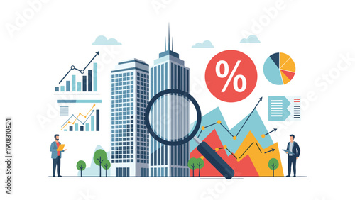 Real estate investment analysis concept with magnifying glass over city buildings, financial growth charts, and percentage symbols.