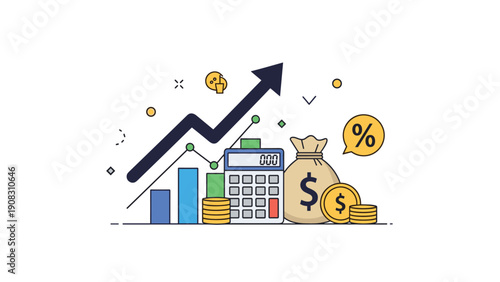 Financial growth and wealth management concept featuring upward arrow, bar charts, calculator, and money bag with gold coin stacks.