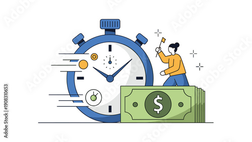 Time is money and efficiency concept with woman standing on stacks of dollar bills next to a large stopwatch for productivity goals.