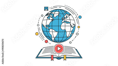 Global online education and e-learning concept featuring world globe above open book with digital video play button for knowledge.