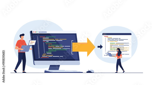 Software development and data migration concept with programmers working on computer code and laptop for technology synchronization.