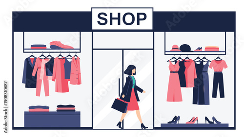 Retail fashion store window display concept featuring woman walking past shop with dresses, suits, and accessories for sale.