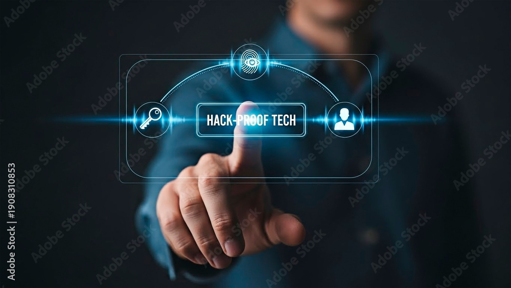Fototapeta premium A man interacting with hack-proof tech interface for cybersecurity concept
