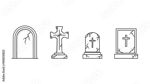 Collection of four different cemetery tombstone designs with cracked stone texture and cross symbols on white background for mourning.