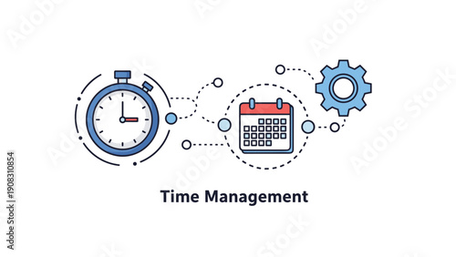 Time management and productivity planning concept featuring stopwatch connected to a calendar and gear icons for efficient workflow.