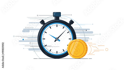 Fast financial payment and time efficiency concept with gold dollar coin and stopwatch for quick banking and monetary transfers.