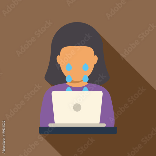 Woman crying at laptop, experiencing cyberbullying, sadness, or online stress