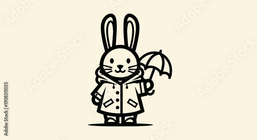Rabbit in raincoat with umbrella
