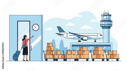 Global logistics and airport cargo transportation concept with woman traveler, airplane, control tower, and multiple shipping boxes.