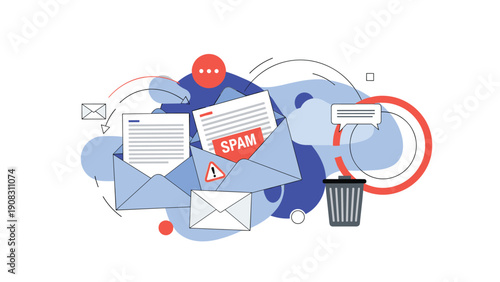 Email spam and digital security threat concept with warning notification on envelopes and documents near computer recycle bin icon.
