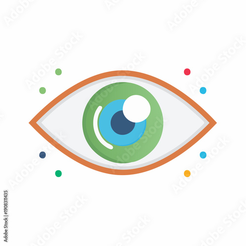 Eye icon illustration in simple flat design with green iris and colourful speckles, vision and sight symbol