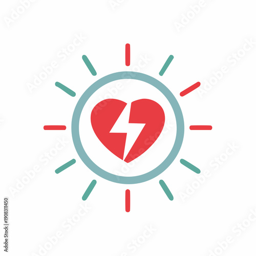 Defibrillator Heart Symbol with Lightning Bolt Graphic Inside a Circle and Rays